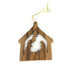 Vintage Nativity Olive Wood Christmas Ornament Stable Hand Carved Holiday Decor